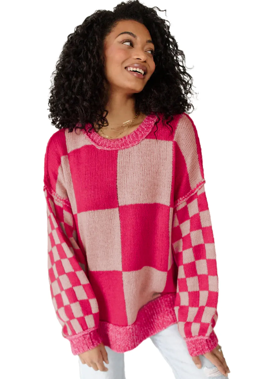 KaleaBoutique Mixed Checkered Pattern Drop Shoulder Loose Sweater