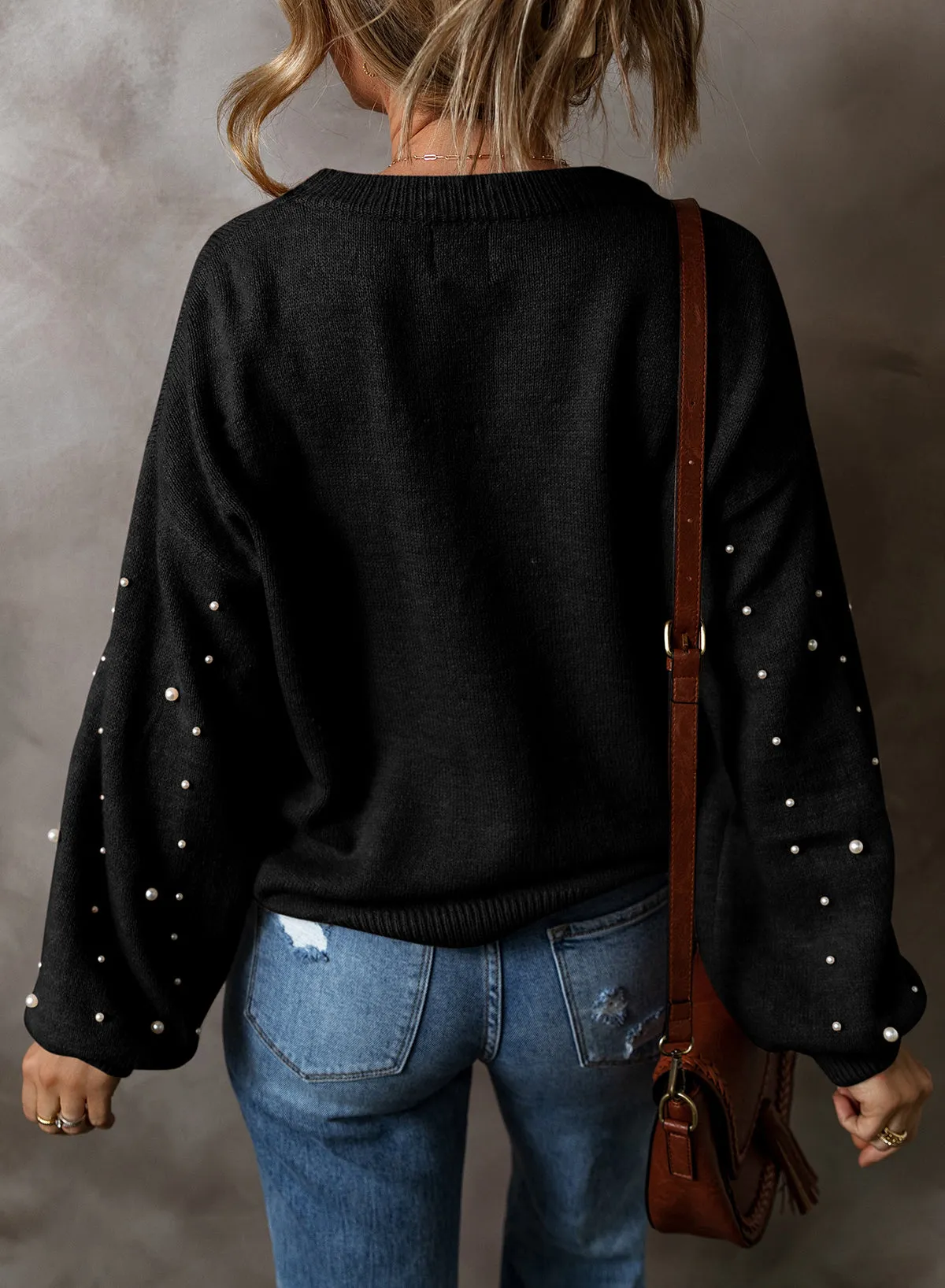 KaleaBoutique Pearled Drop Shoulder Round Neck Sweater