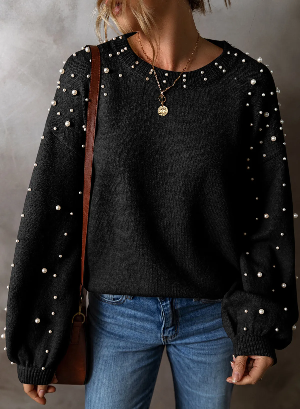 KaleaBoutique Pearled Drop Shoulder Round Neck Sweater
