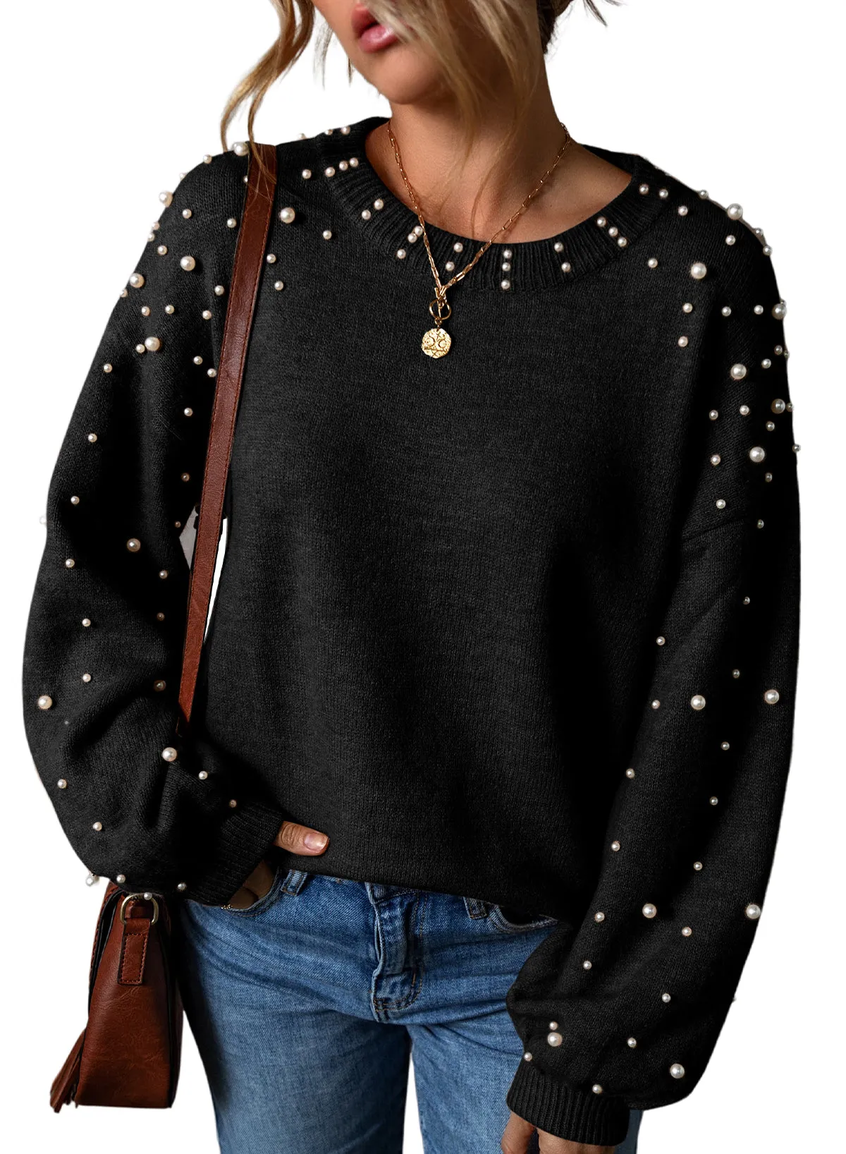 KaleaBoutique Pearled Drop Shoulder Round Neck Sweater