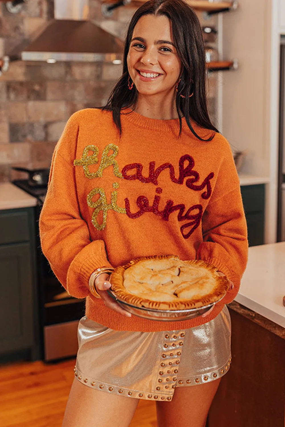 KaleaBoutique Thanksgiving Tinsel Drop Shoulder Crew Neck Sweater