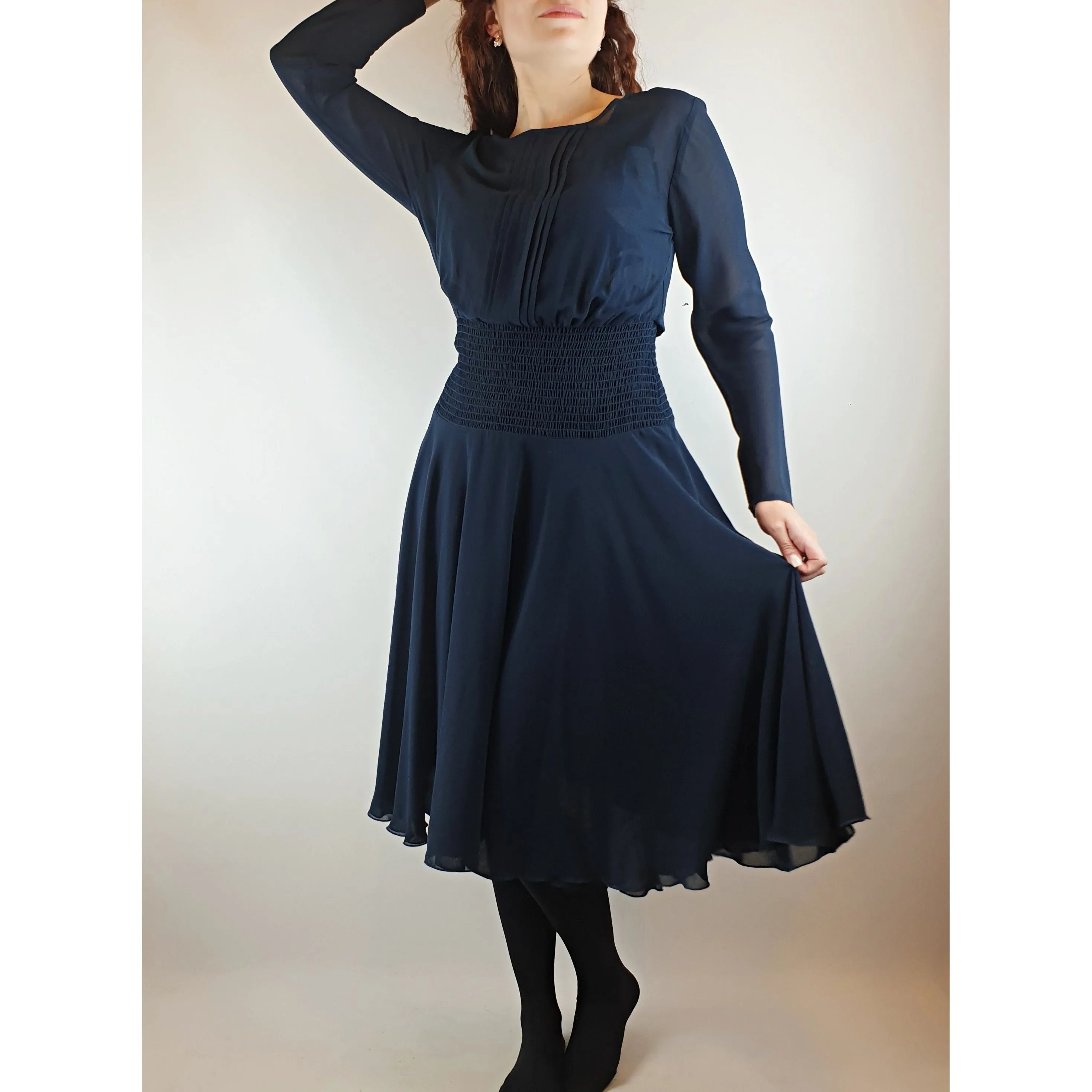 Kate Sylvester navy blue long sleeve pleated dress size S (best fits size 10)