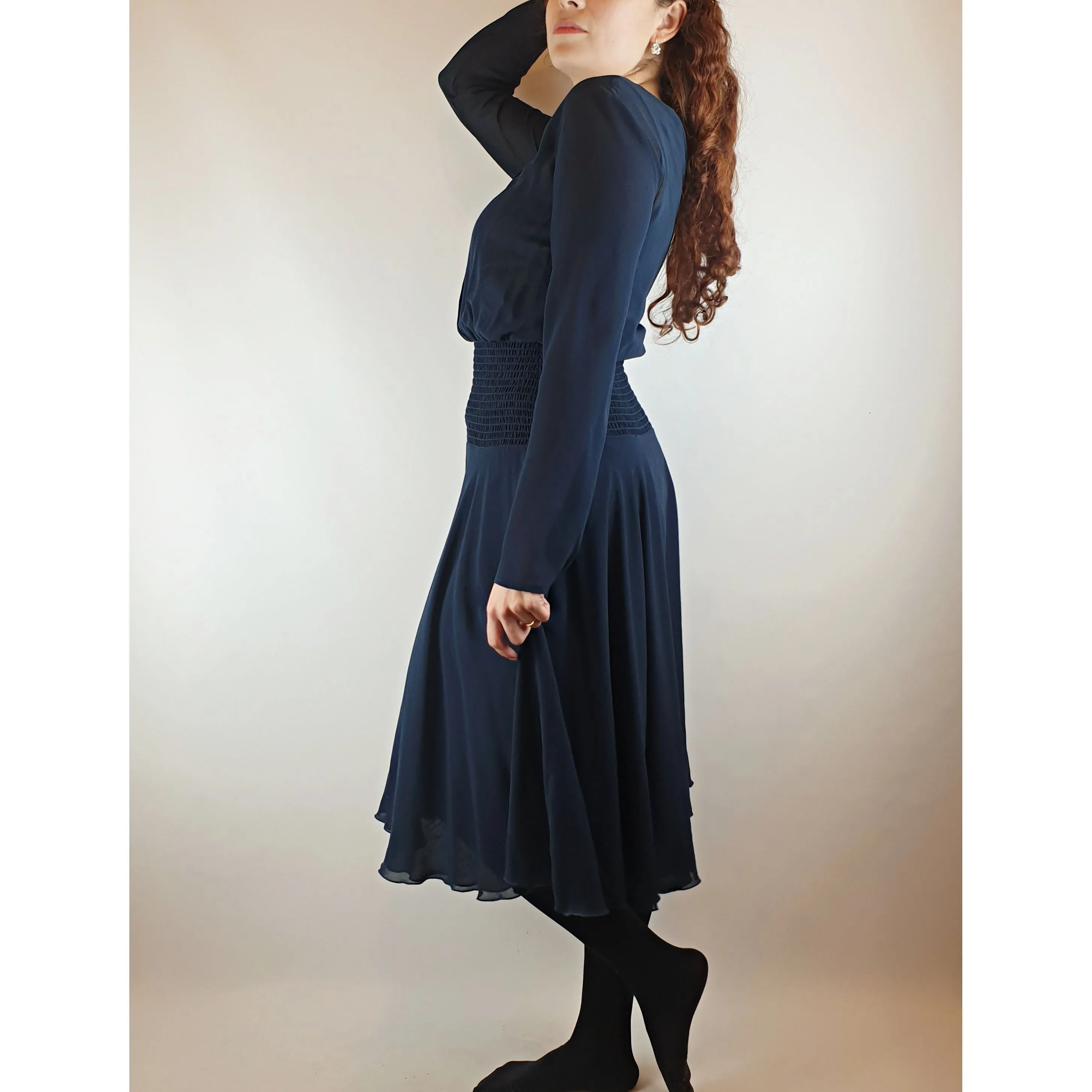 Kate Sylvester navy blue long sleeve pleated dress size S (best fits size 10)
