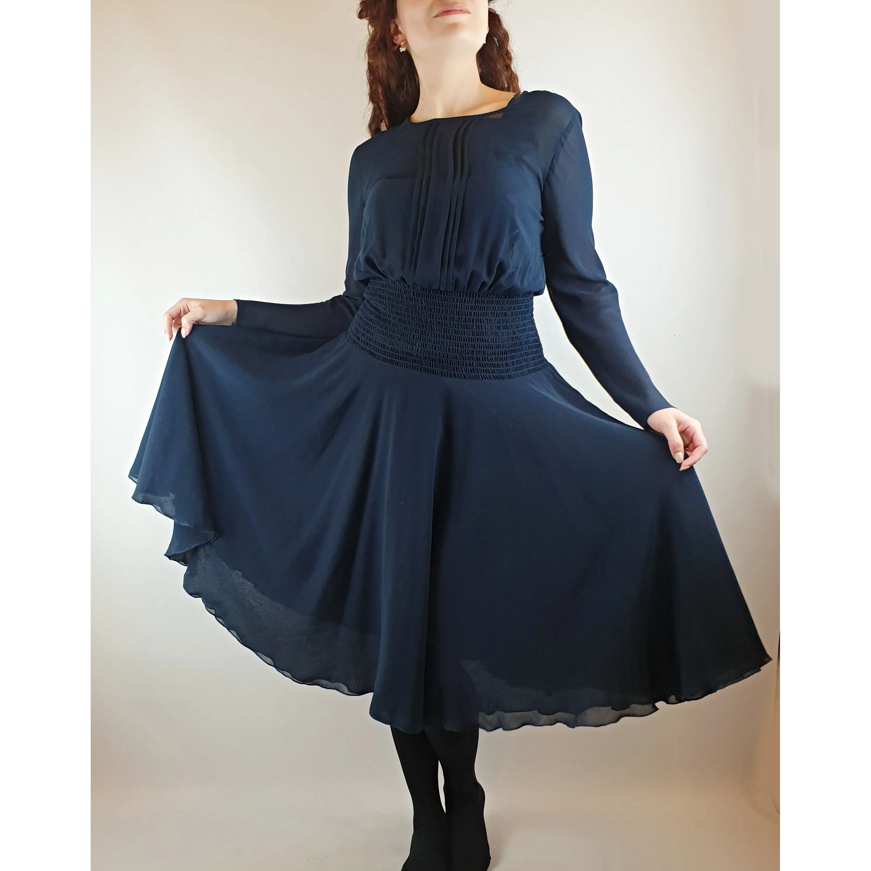Kate Sylvester navy blue long sleeve pleated dress size S (best fits size 10)