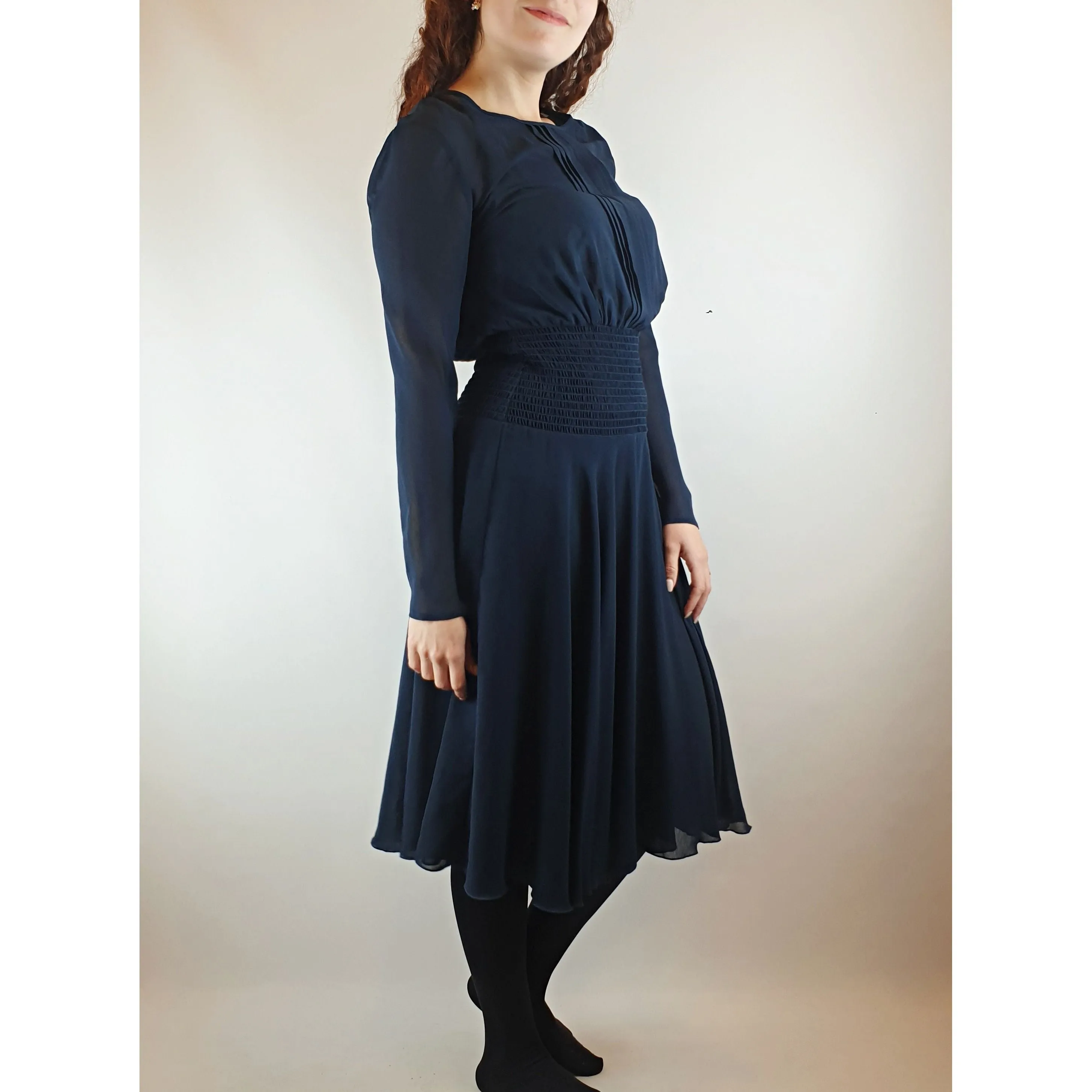 Kate Sylvester navy blue long sleeve pleated dress size S (best fits size 10)