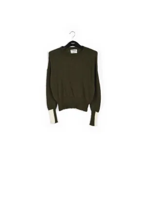 Khaki green light knit sweater with contrasting cuffs