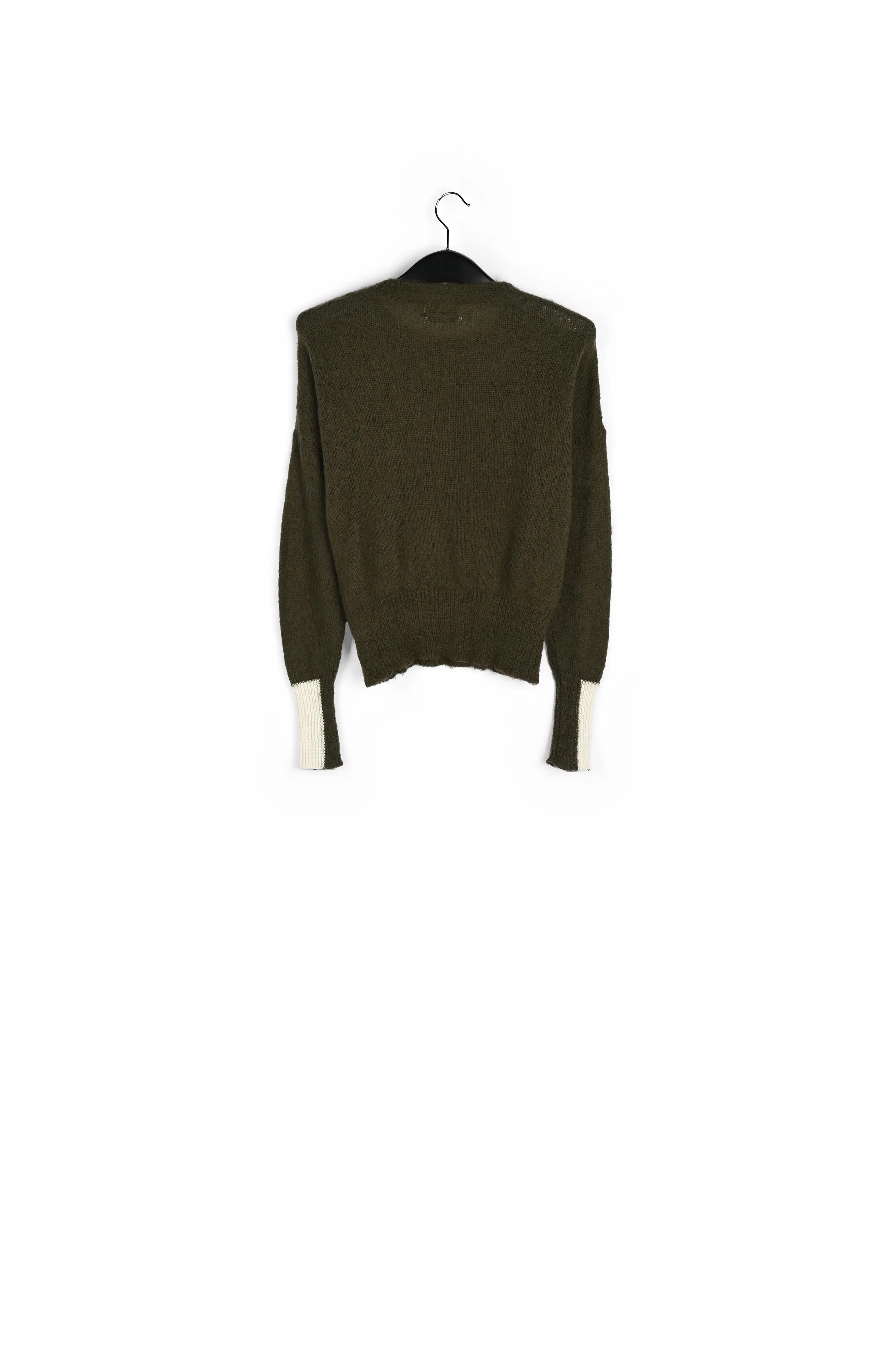 Khaki green light knit sweater with contrasting cuffs