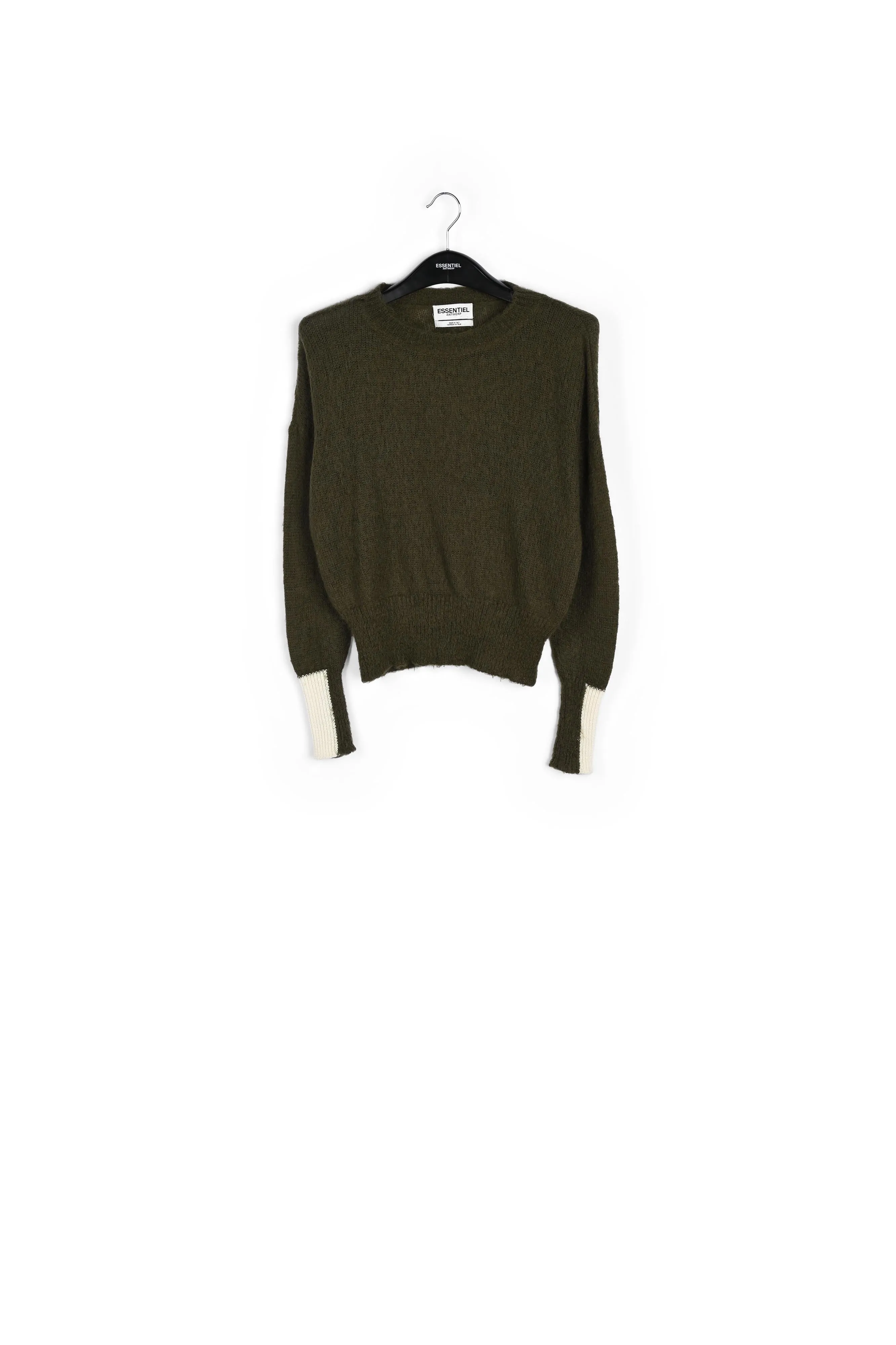 Khaki green light knit sweater with contrasting cuffs