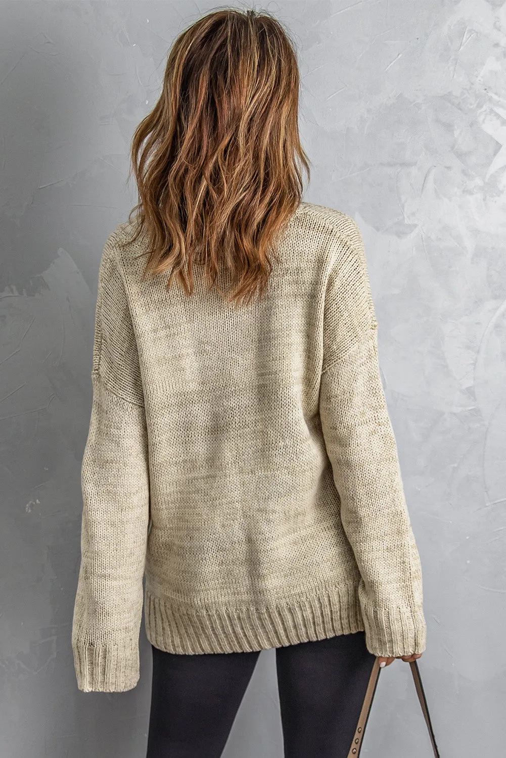 Khaki V neck Drop Shoulder Knitted Sweater