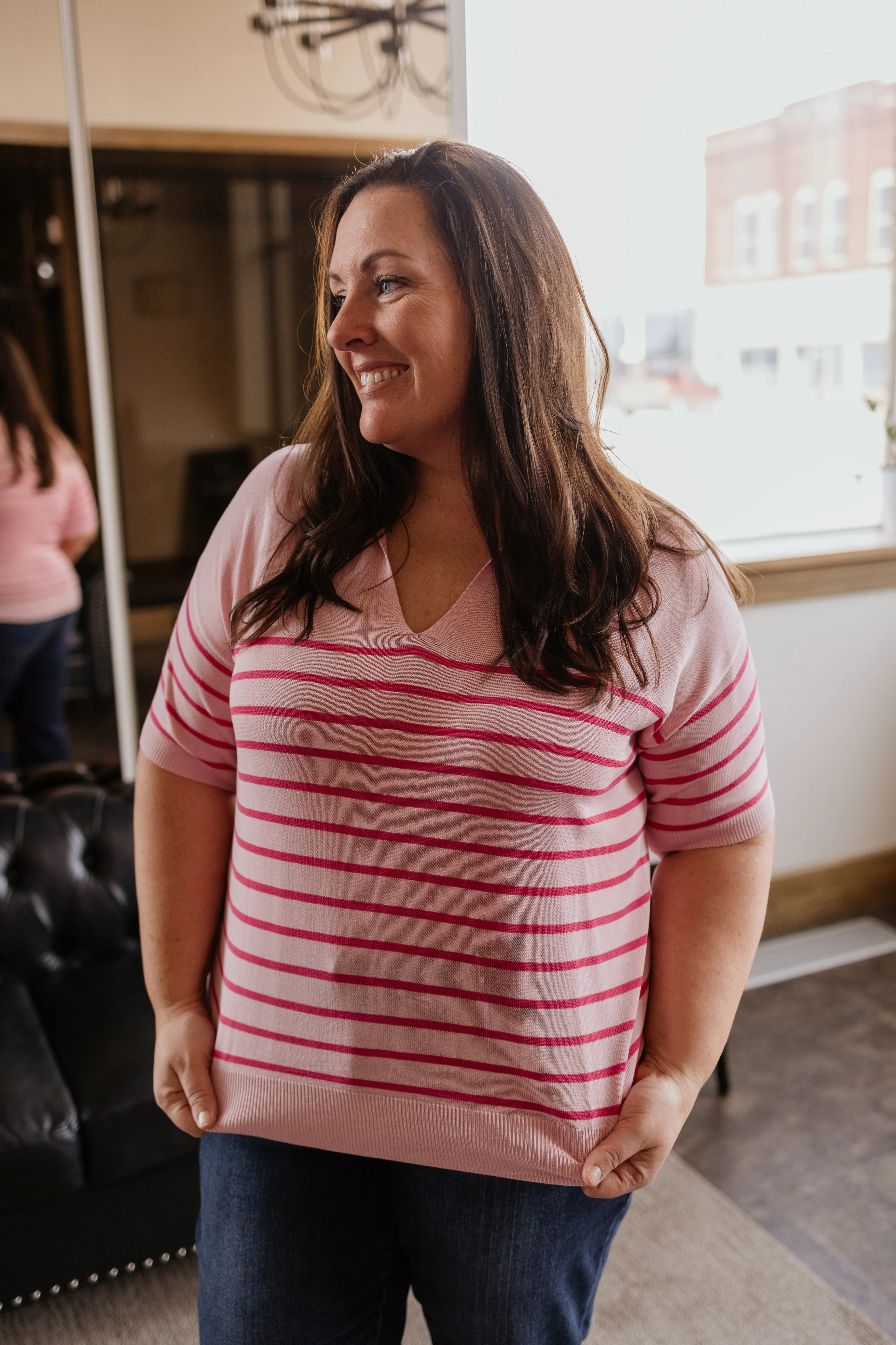 KIT CURVY STRIPED COLLAR KNIT TOP