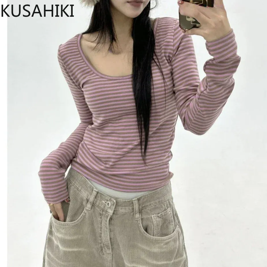 KUSAHIKI Sexy Retro Stripes Long Sleeved Round Neck Top