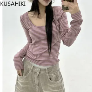 KUSAHIKI Sexy Retro Stripes Long Sleeved Round Neck Top