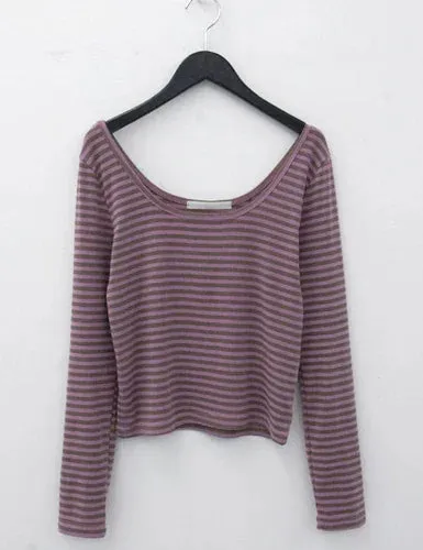 KUSAHIKI Sexy Retro Stripes Long Sleeved Round Neck Top