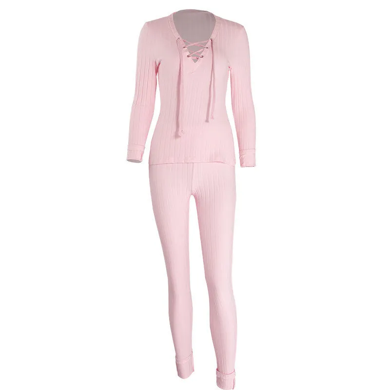 Lace up Deep V neck Long Sleeve Bodycon Knitted Rompers Women Jumpsuit Two pieces Outfits Long Pants Pink Jumpsuits