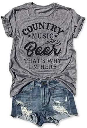 LANMERTREE Country Music and Beer That's Why I'm Here T Shirt Women's Short Sleeve Tops Blouse (L, Grey)