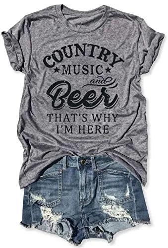 LANMERTREE Country Music and Beer That's Why I'm Here T Shirt Women's Short Sleeve Tops Blouse (L, Grey)