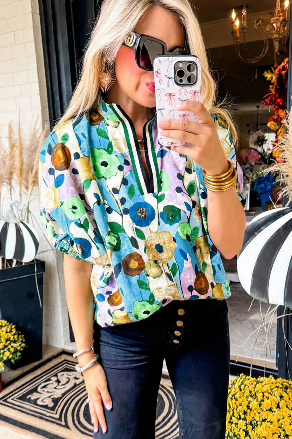 Light Blue Floral Print Slit V Neck Short Sleeve Blouse