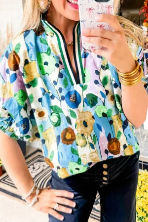 Light Blue Floral Print Slit V Neck Short Sleeve Blouse