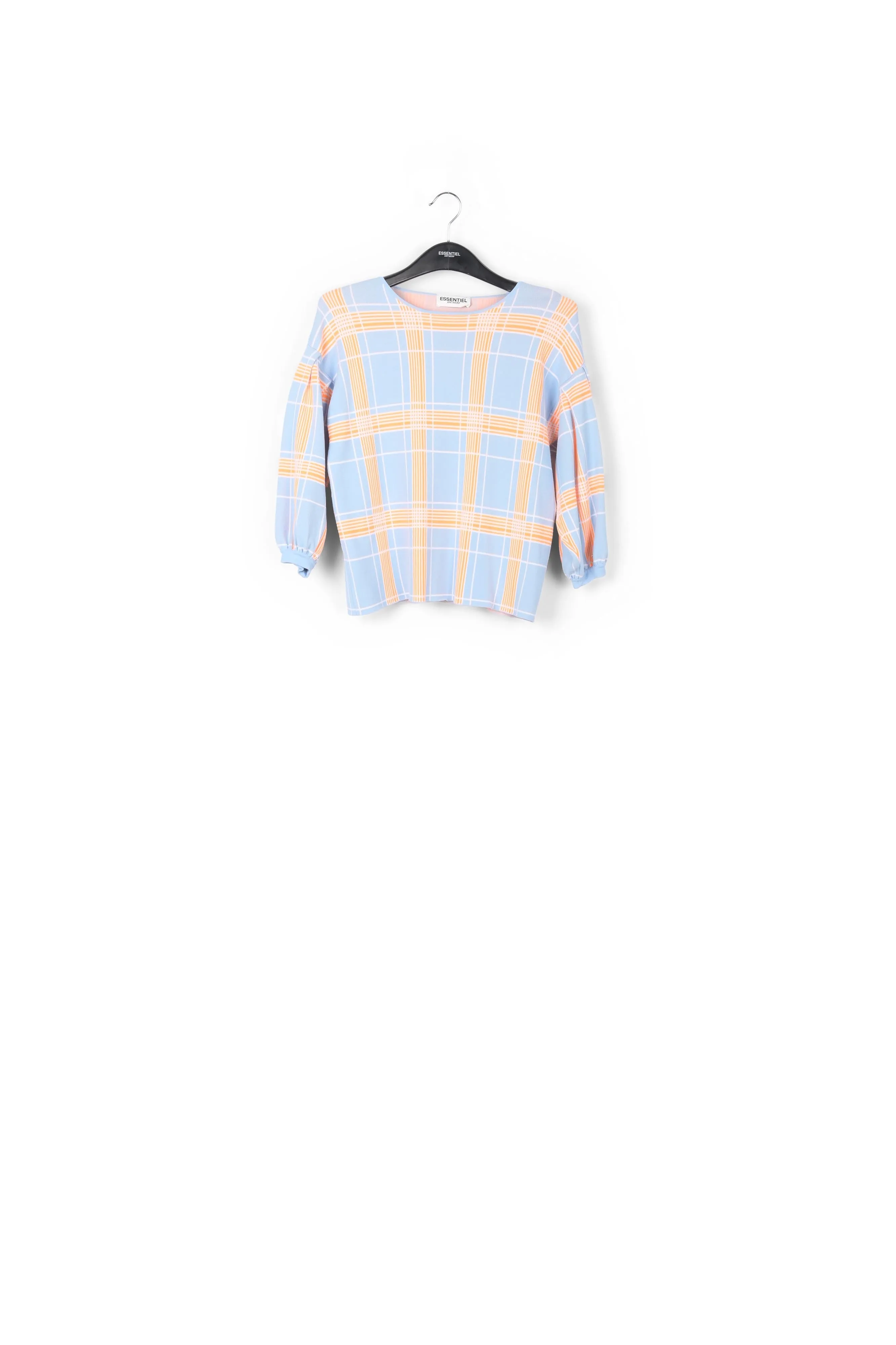 Light blue puffed sleeve knitted top with check motif