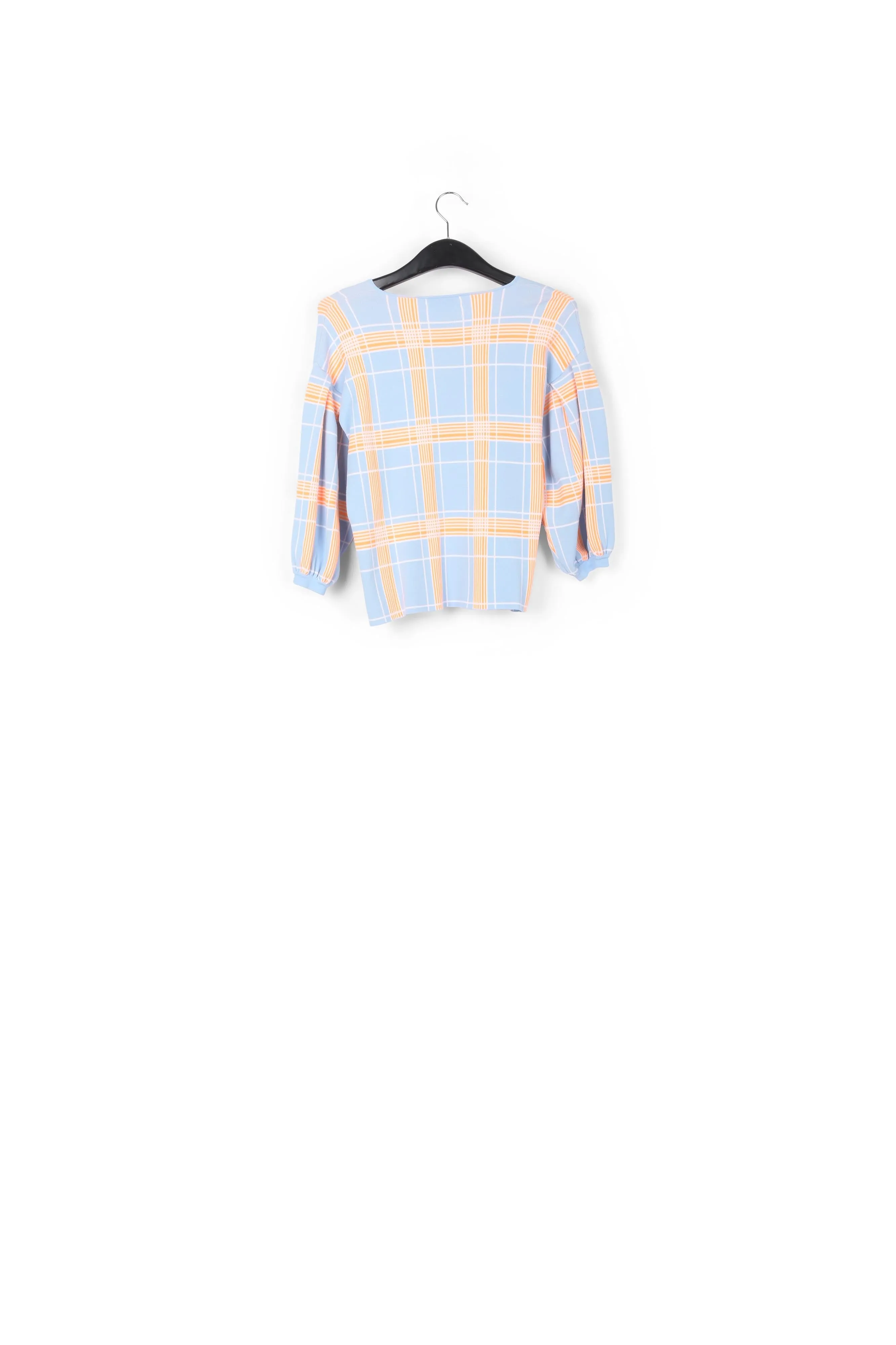 Light blue puffed sleeve knitted top with check motif