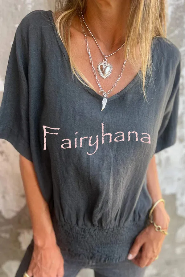 Linen Blend Solid Color V-neck Loose Pleated Casual Top