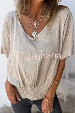 Linen Blend Solid Color V-neck Loose Pleated Casual Top