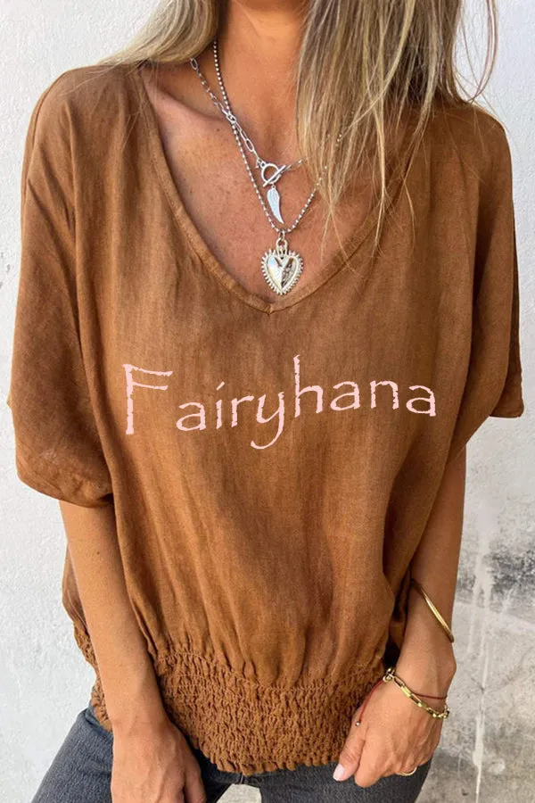 Linen Blend Solid Color V-neck Loose Pleated Casual Top