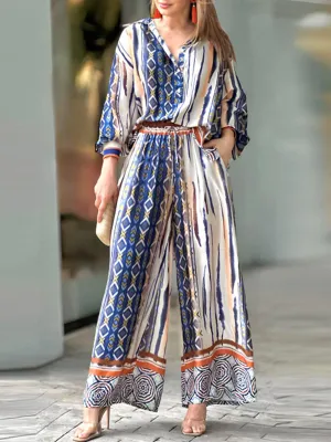 Long Sleeves Loose Printed Lapel Blouses Tops   Drawstring Pockets Pants Bottom Two Pieces Set