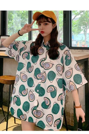 Loose Avocado Cartoon Printed Short Sleeve Blouse Shirts