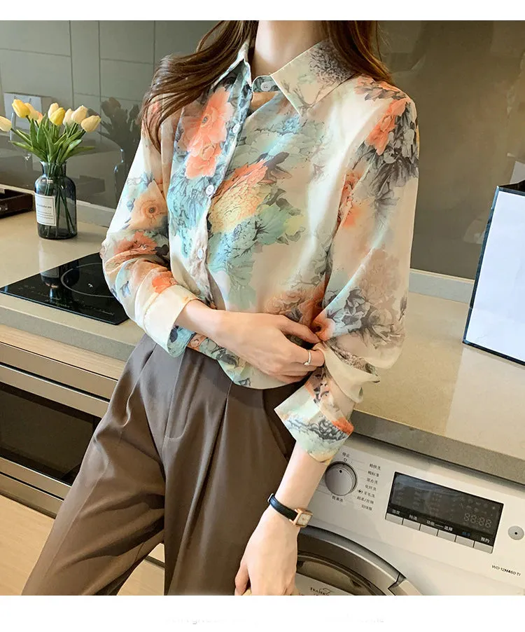 Loose Long Sleeve Floral Pattern Chiffon Shirt