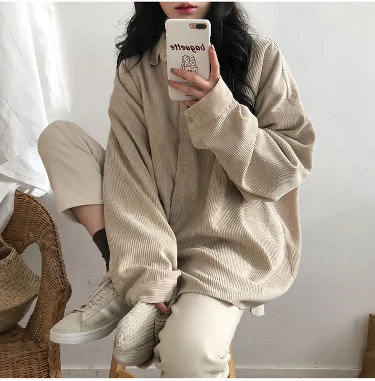 Loose Long Sleeve Retro Colors Corduroy Shirts
