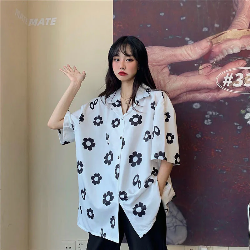 Loose Short Sleeve Daisy Printed Blouse Shirt