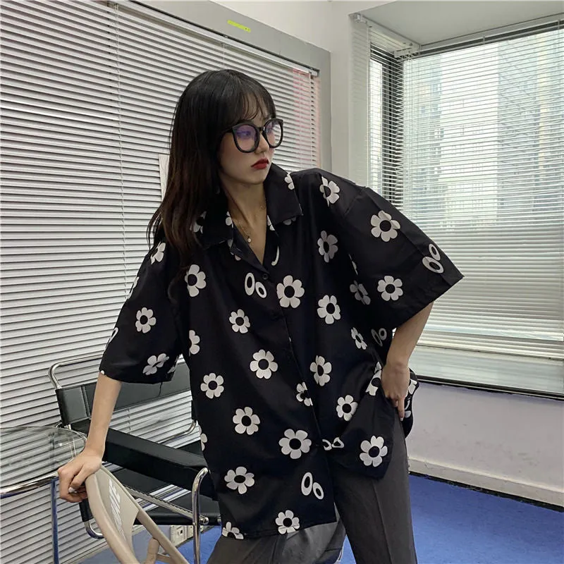 Loose Short Sleeve Daisy Printed Blouse Shirt
