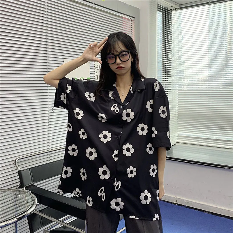 Loose Short Sleeve Daisy Printed Blouse Shirt