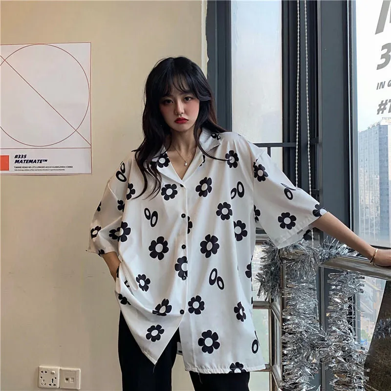Loose Short Sleeve Daisy Printed Blouse Shirt