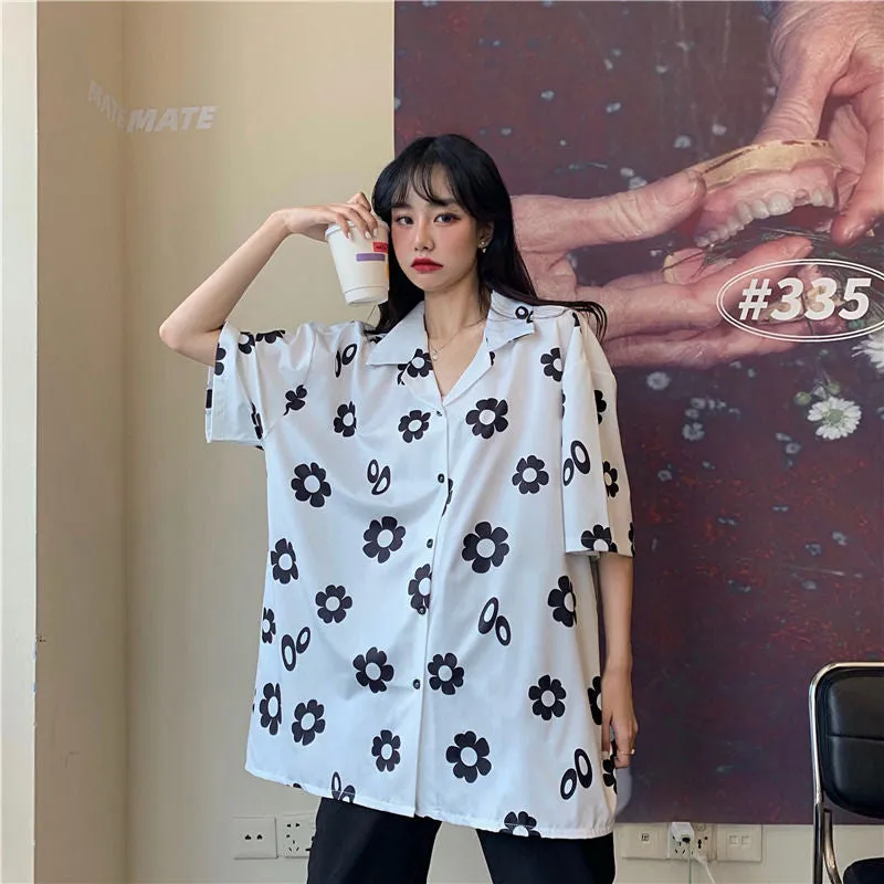Loose Short Sleeve Daisy Printed Blouse Shirt