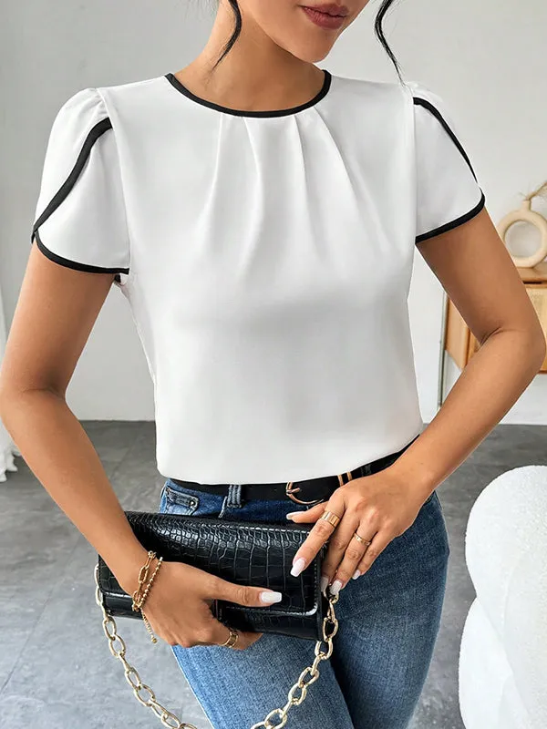 Loose Short Sleeves Hollow Pleated Round-Neck Blouses&Shirts Tops