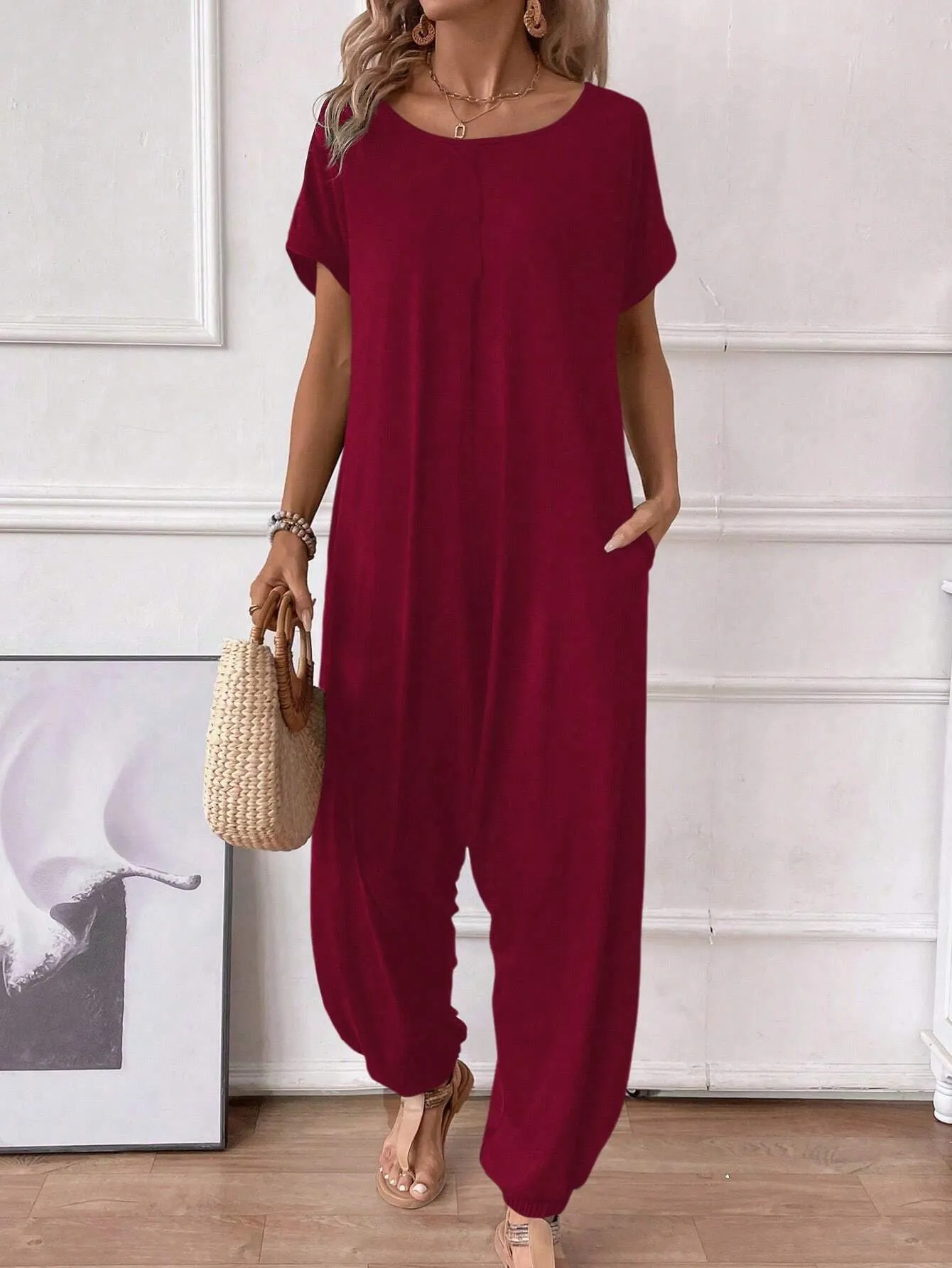 LUNE Women's O-Neck Short Sleeve Casual Loose Elegant Jumpsuit