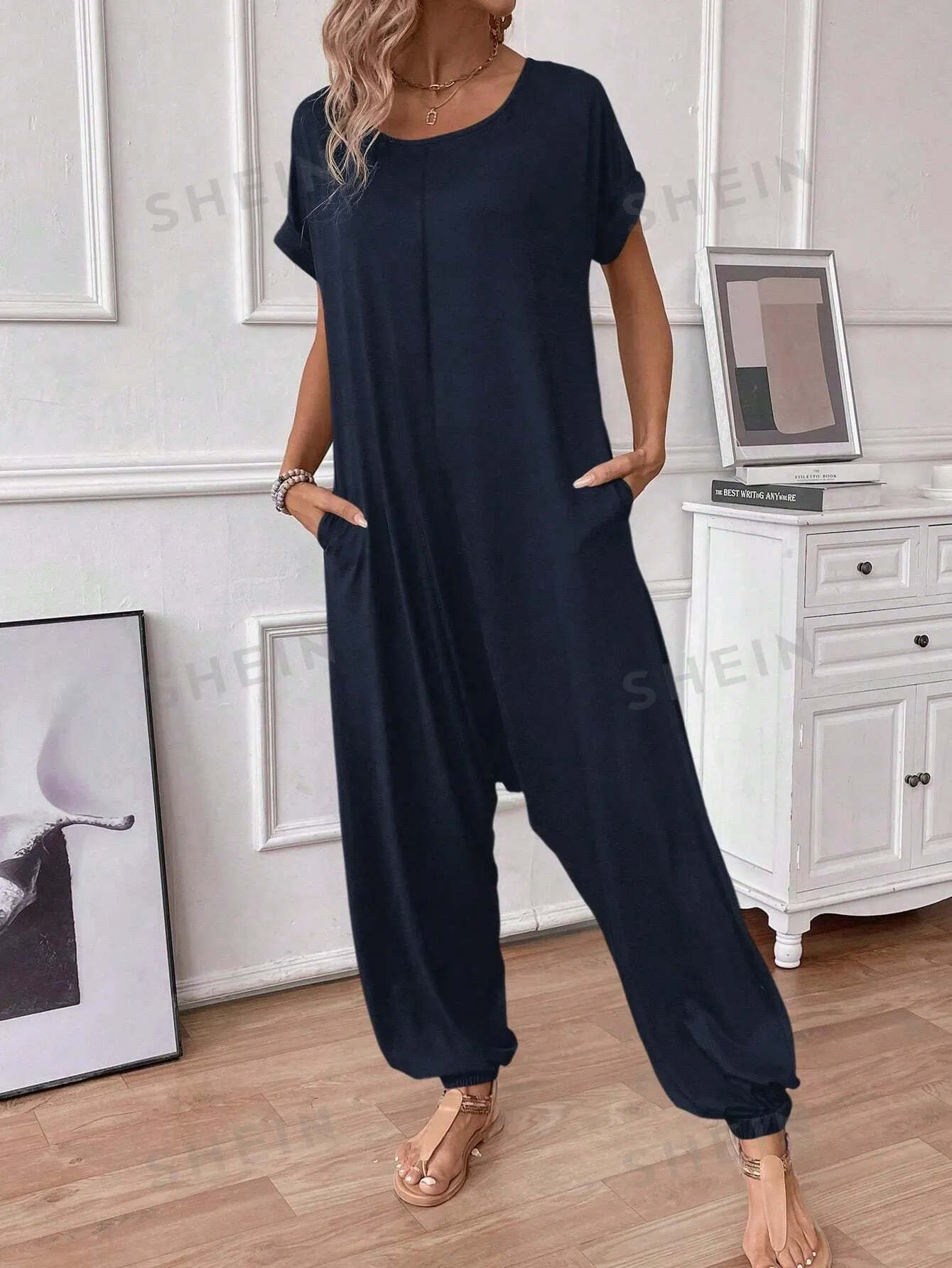 LUNE Women's O-Neck Short Sleeve Casual Loose Elegant Jumpsuit
