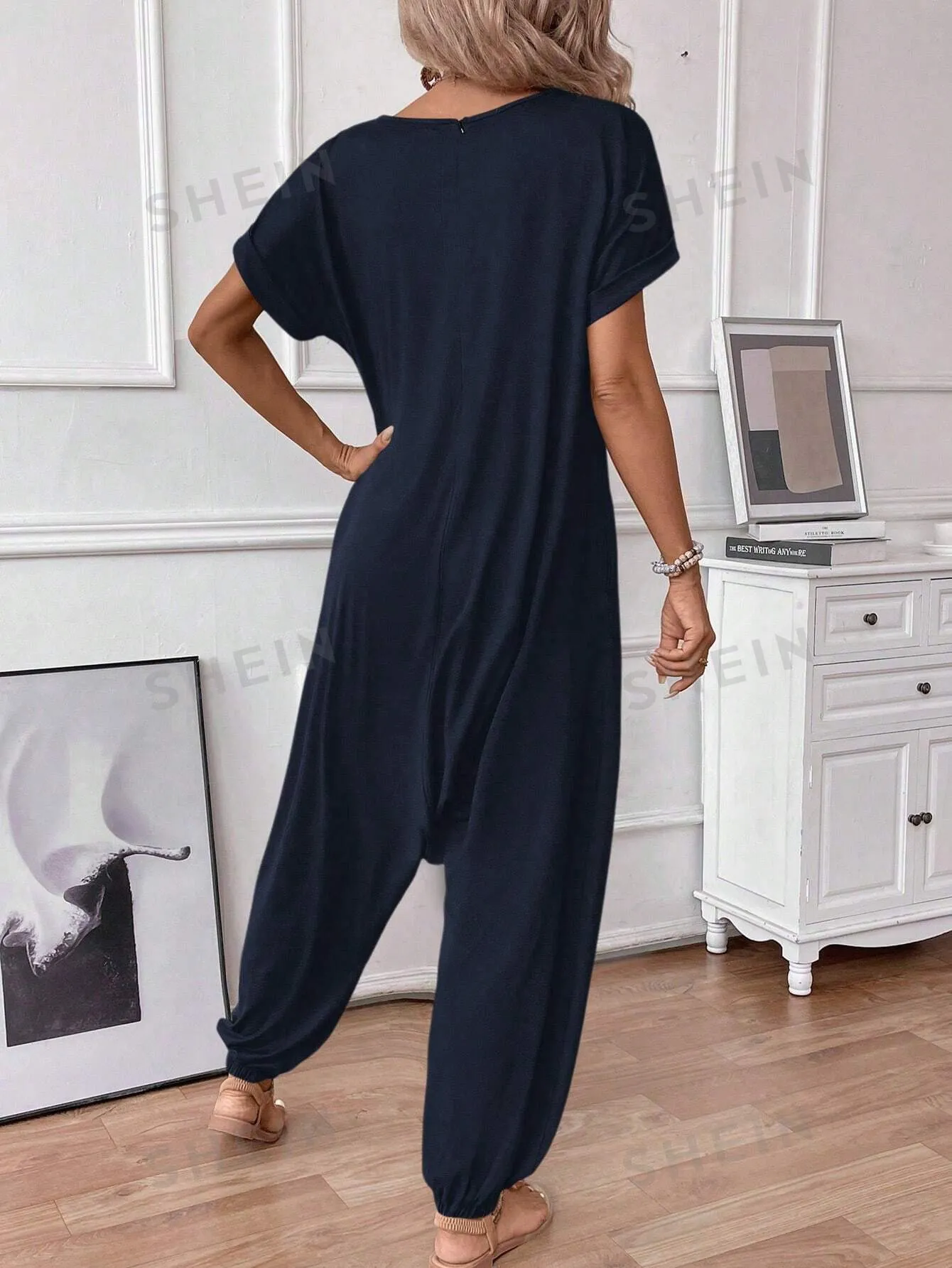 LUNE Women's O-Neck Short Sleeve Casual Loose Elegant Jumpsuit