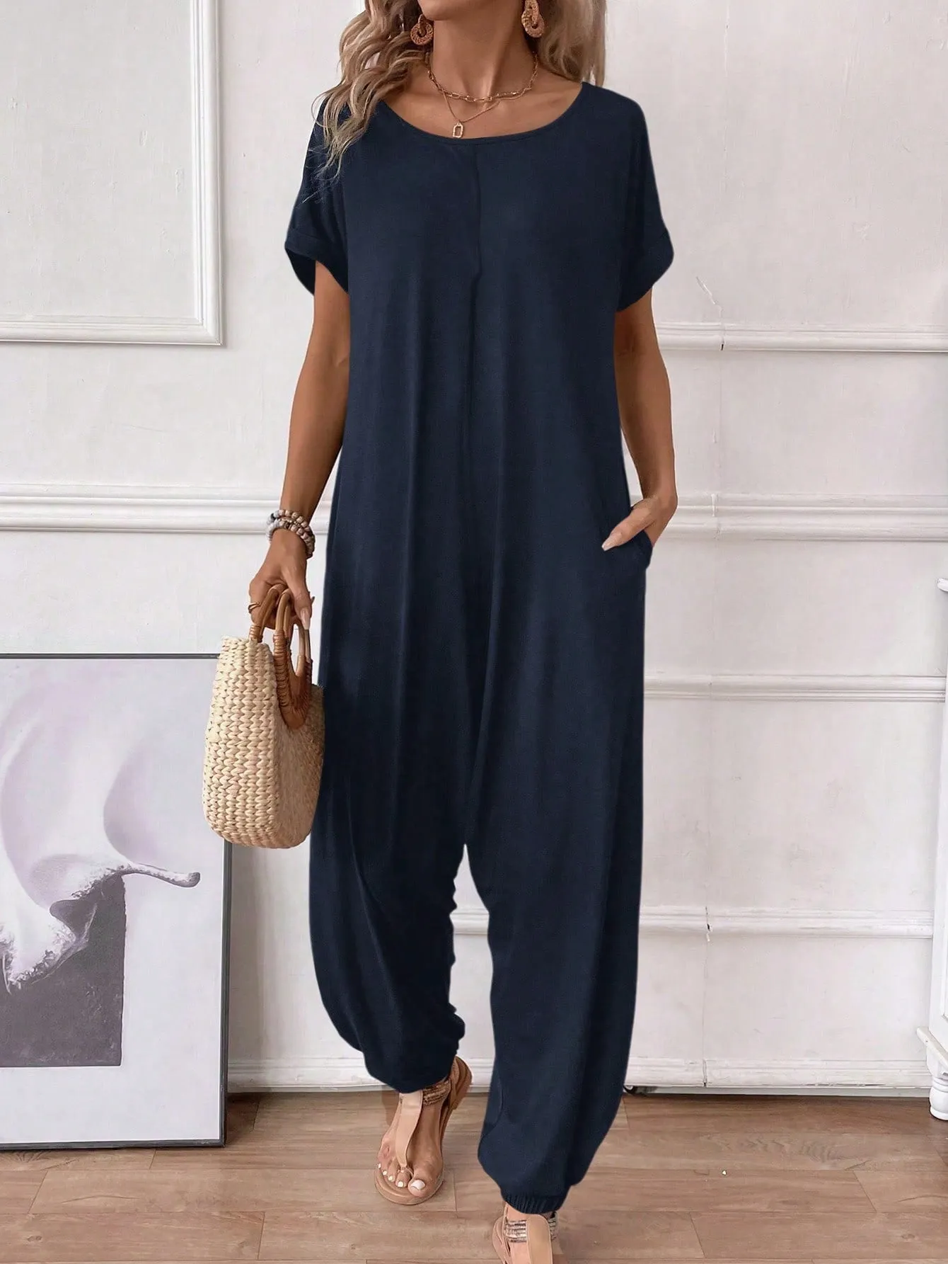 LUNE Women's O-Neck Short Sleeve Casual Loose Elegant Jumpsuit