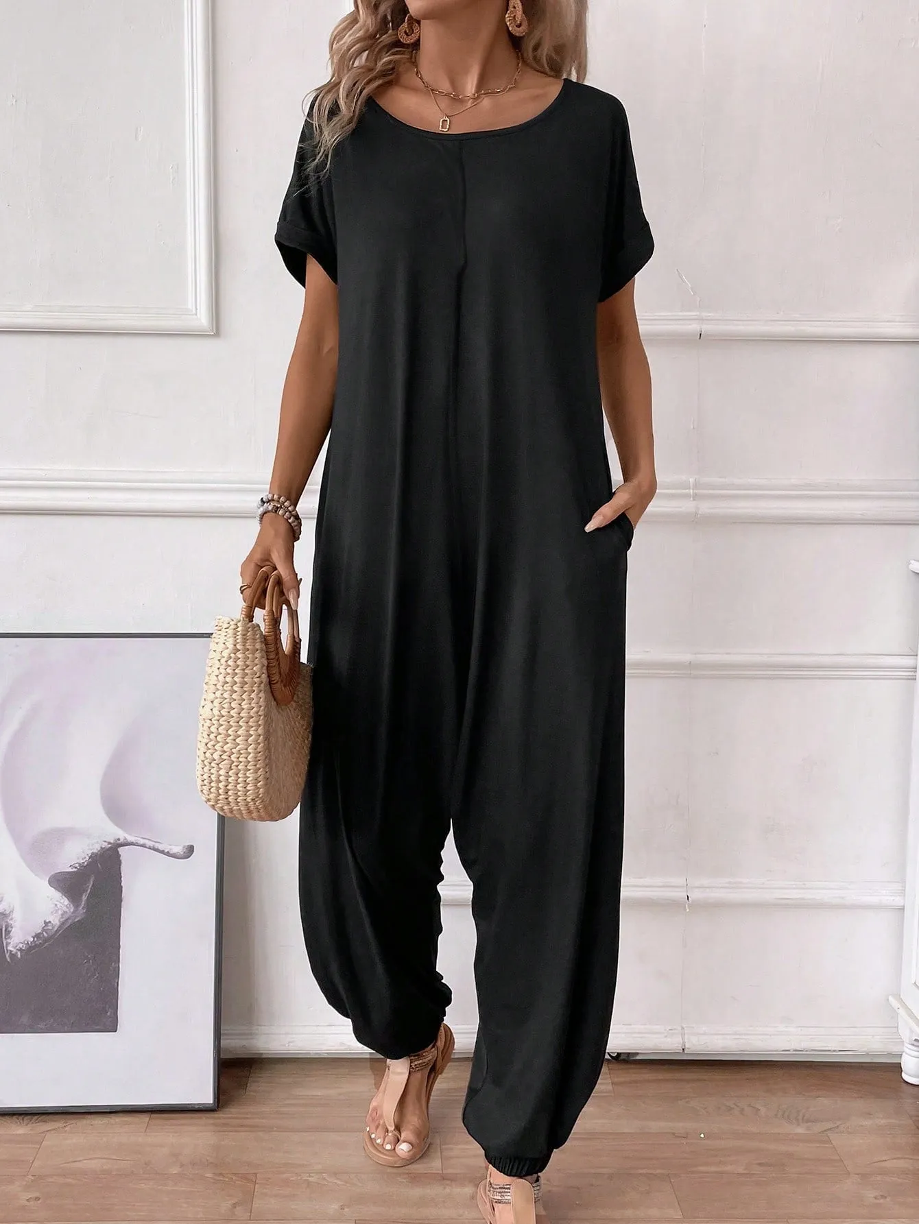 LUNE Women's O-Neck Short Sleeve Casual Loose Elegant Jumpsuit