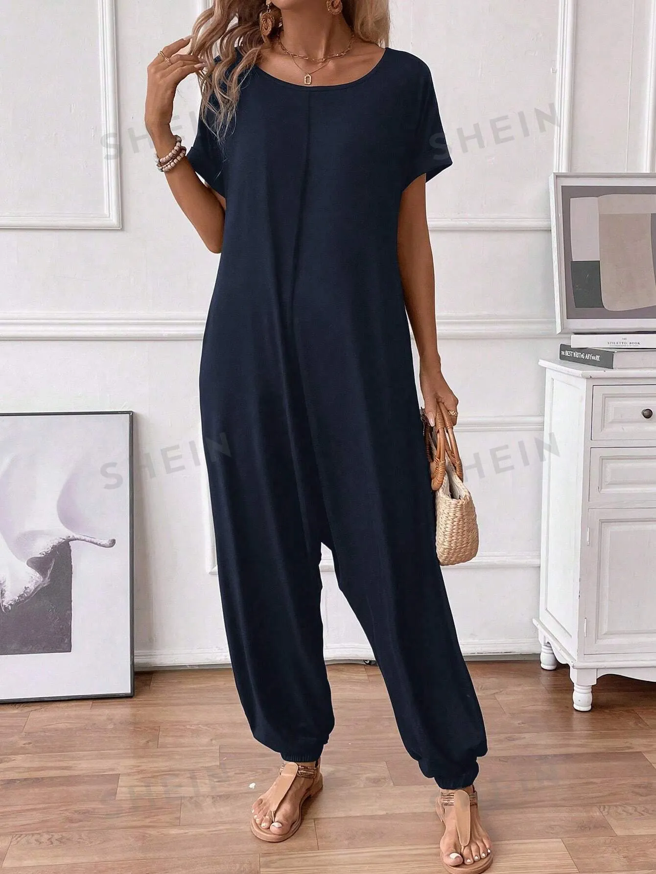 LUNE Women's O-Neck Short Sleeve Casual Loose Elegant Jumpsuit