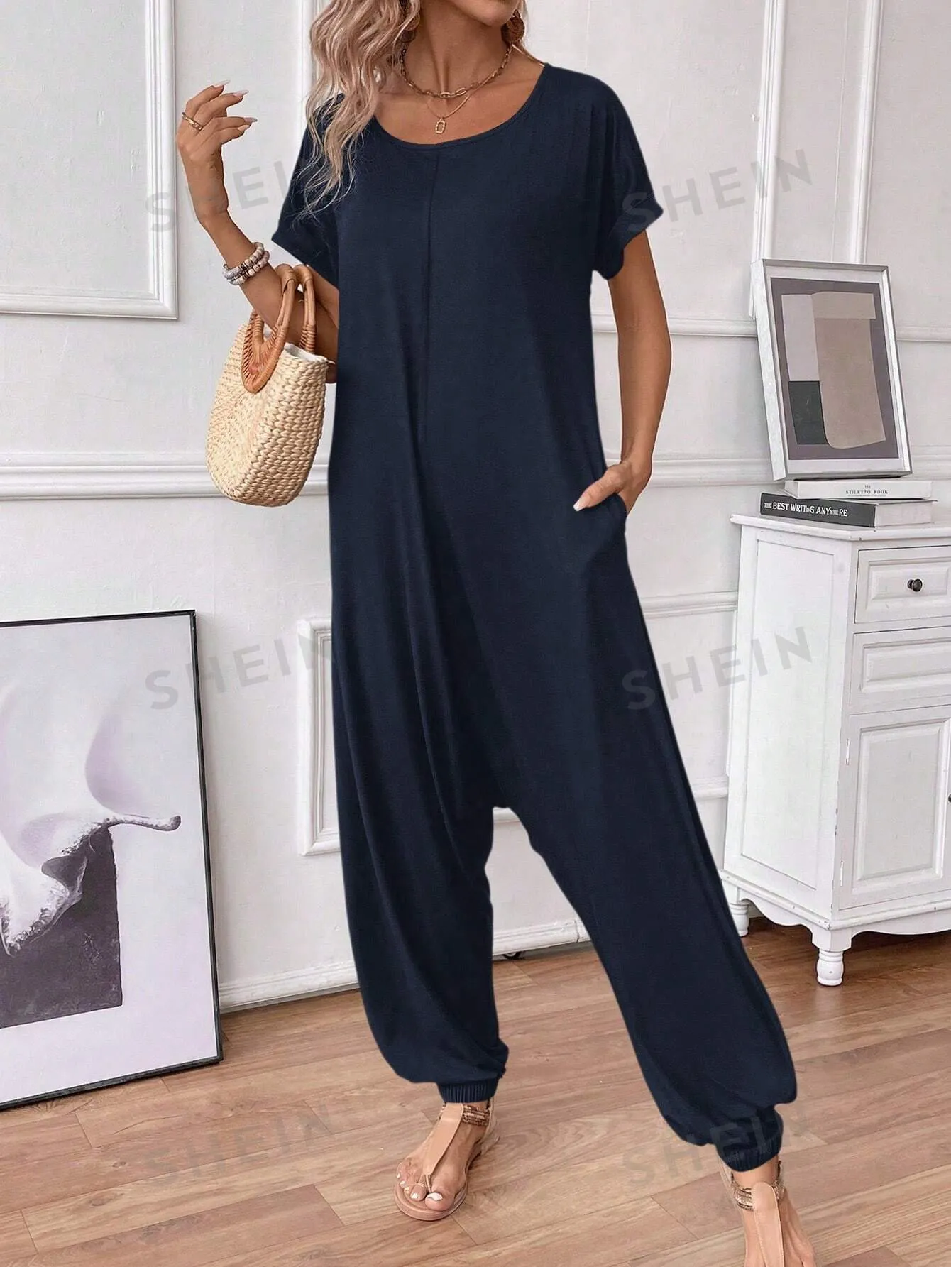 LUNE Women's O-Neck Short Sleeve Casual Loose Elegant Jumpsuit