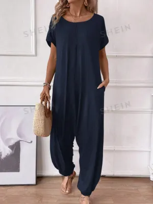 LUNE Women's O-Neck Short Sleeve Casual Loose Elegant Jumpsuit