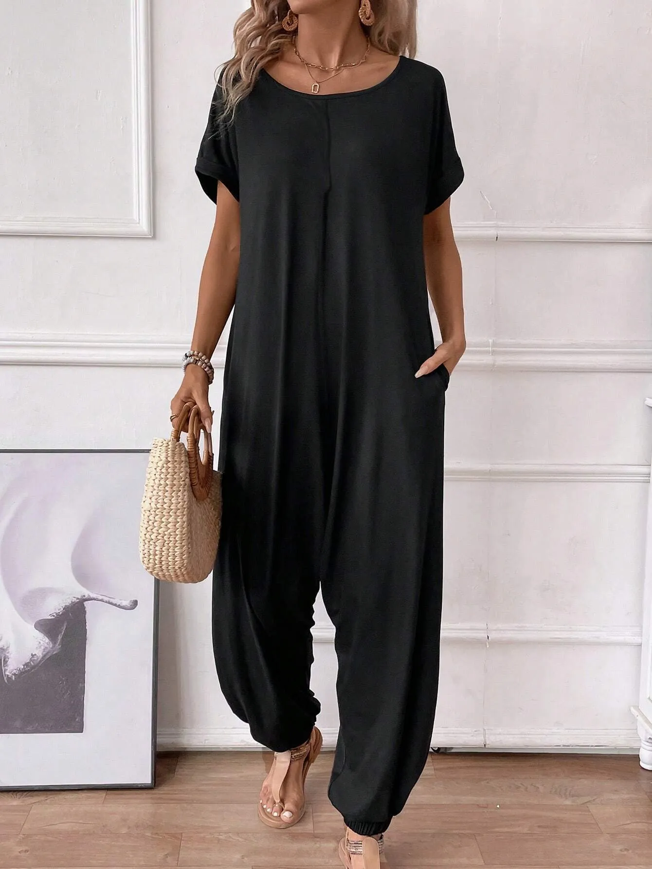 LUNE Women's O-Neck Short Sleeve Casual Loose Elegant Jumpsuit