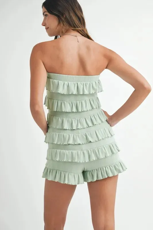 MABLE Pointelle Knit Fabric Ruffled Tube Romper