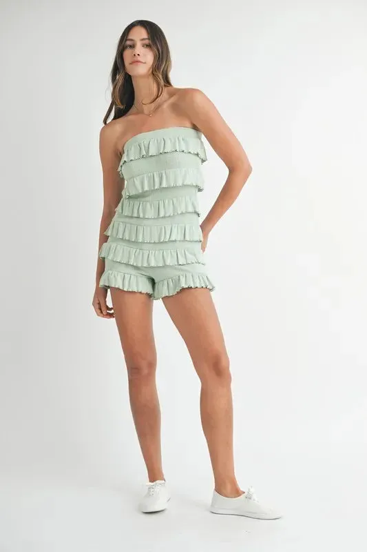 MABLE Pointelle Knit Fabric Ruffled Tube Romper