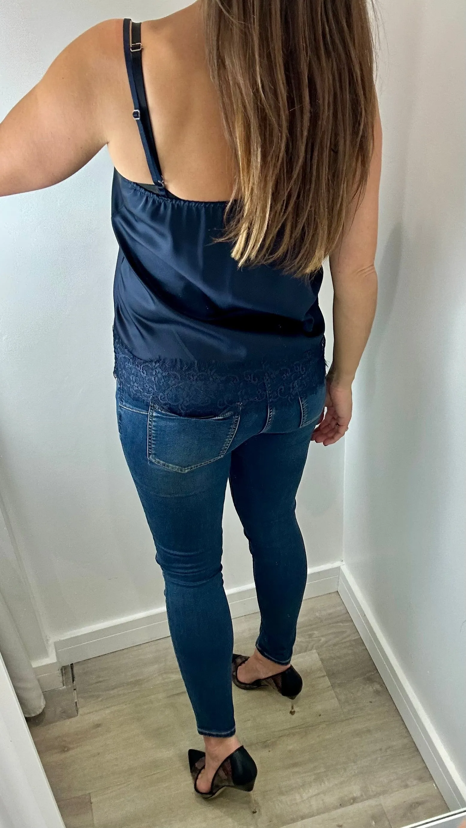 MIDNIGHT BLUE LACE DETAIL SILK CAMI TOP