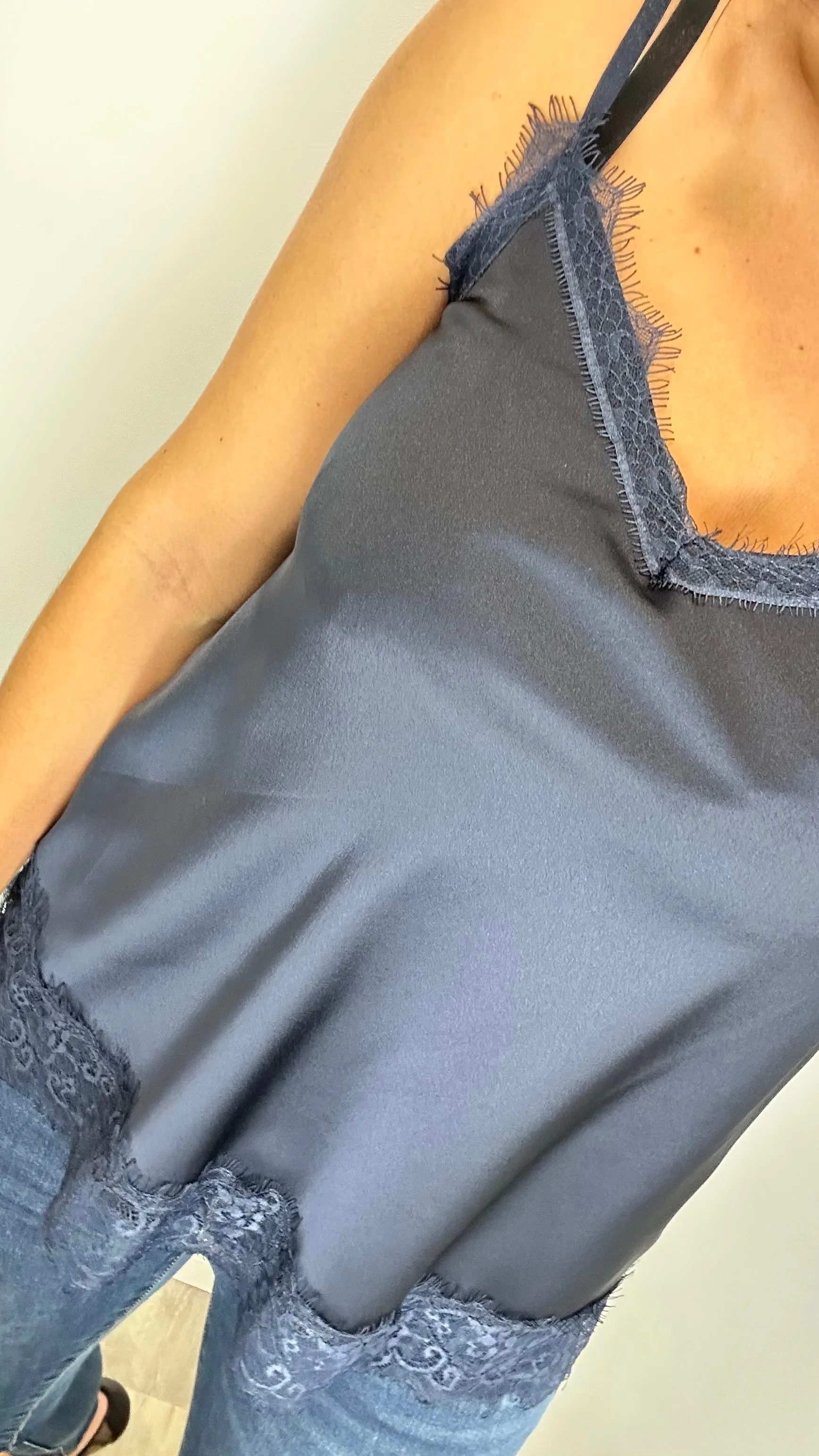 MIDNIGHT BLUE LACE DETAIL SILK CAMI TOP